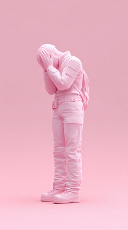 A monochromatic pink figure with hands covering the face, conveying contemplation.の素材