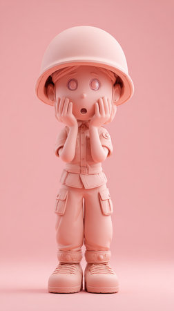 A pink figure in a uniform with a surprised expression, hands on cheeks, wearing a helmet.の素材