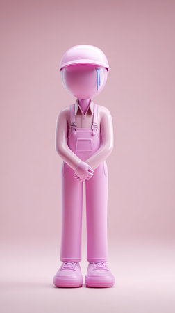 A pink figure in overalls and a hard hat is posing. The figure is standing in front of a pink background.の素材