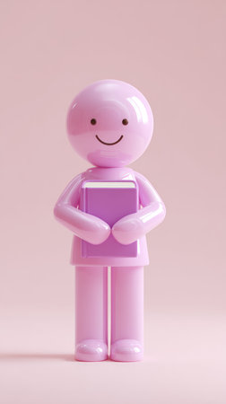 A pink figure holding a book and smiling. Studio shot with a pink background.の素材