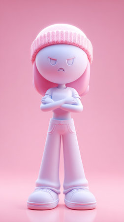 A pink figure with a hat and arms crossed, eyes closed, on a pink background.の素材