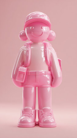 A pink figure of a girl wearing a cap, backpack, and shorts, standing in front of a pink background.の素材