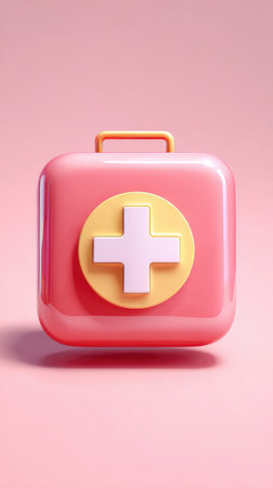 A pink first aid kit icon with a white cross on a yellow circle, set against a pink background.の素材