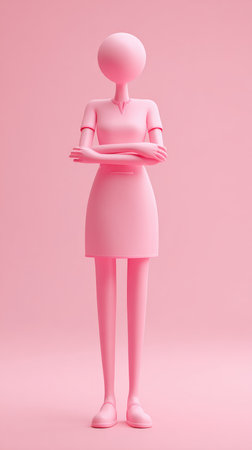 A minimalist pink figure with arms crossed, standing in a studio setting.の素材