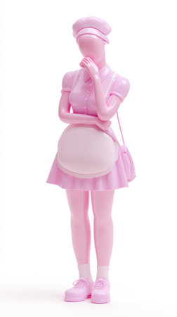 A pink figure in a chefs outfit, lost in thought, isolated on white.の素材
