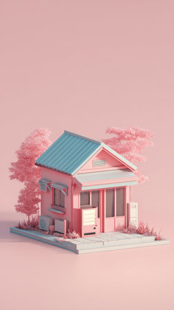 A charming pink house illustration with a blue roof and surrounding trees, perfect for design projects.の素材