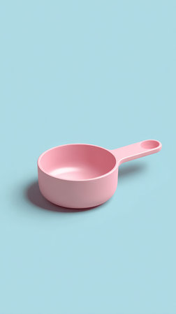 A pink measuring cup with a handle on a light blue background.の素材