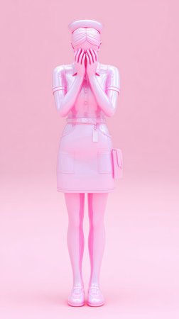 A monochromatic pink statue of a nurse, hands covering face, set against a matching background. Minimalist and striking.の素材