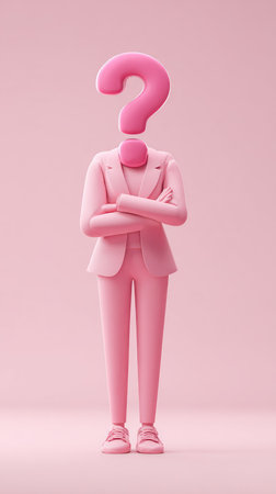 A pink figure with a question mark head in a pink suit, posing with arms crossed.の素材