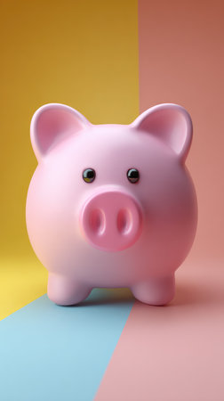 A cute pink piggy bank stands on a colorful background, symbolizing savings and finance.の素材