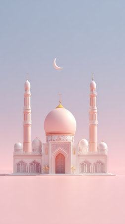 A beautiful pink mosque with two minarets and a dome, set against a pastel sky with a crescent moon.の素材