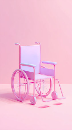 A pink wheelchair stands out in a soft, monochromatic pink environment, highlighting accessibility.の素材