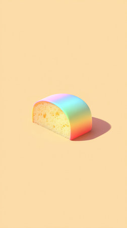 A slice of rainbow cake with a peach-colored background.の素材