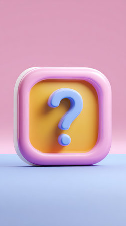 A 3D rendered question mark icon inside a square with a pink and yellow color scheme.の素材