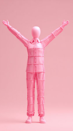 A pink figure with arms raised, embodying joy and celebration in a minimalist style.の素材