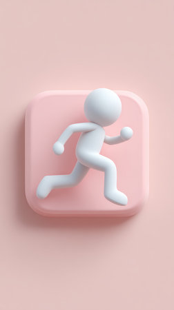 A white figure in a running pose on a pink square, minimalist design.の素材