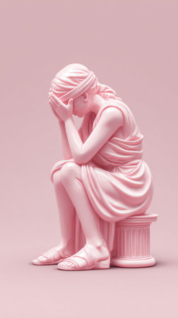 A pink statue of a woman sitting with her head in her hands, conveying contemplation.の素材