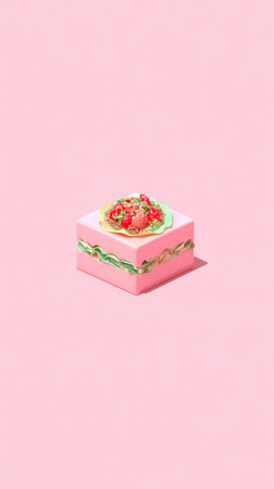 A pink sandwich with toppings is centered on a pink background. The image is well-lit and in focus.の素材