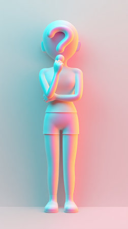A 3D rendered figure with a question mark head, in a thinking pose.の素材