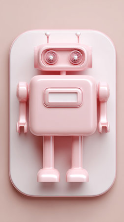A cute pink robot toy standing on a white background, perfect for design.の素材
