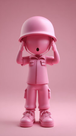 A pink soldier figure is covering their ears with their hands, looking surprised.の素材