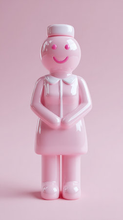 A close-up shot of a pink nurse figurine with a smiling face, set against a matching pink backdrop.の素材