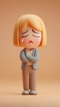 A 3D cartoon character with blonde hair, crying, and folded arms, expressing sadness.の素材