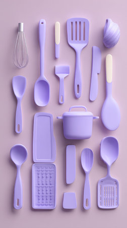 A collection of purple kitchen utensils arranged on a matching surface, creating a visually appealing and organized composition.の素材