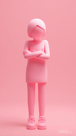 A pink figure with arms crossed, standing in a studio setting.の素材