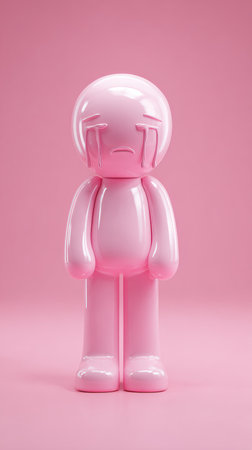 A glossy pink figure, designed with a minimalist aesthetic, is depicted with tears, conveying a sense of sadness and vulnerability.の素材