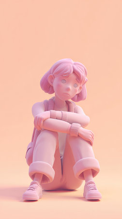 A pink statue of a girl sitting with her arms crossed, set against a peach background.の素材