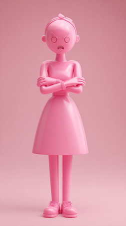A monochromatic pink figure, possibly a figurine, standing with arms crossed, set against a matching pink backdrop.の素材