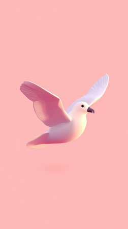 A beautiful pink dove in flight against a soft pink background, perfect for various design projects.の素材