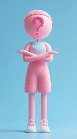 A pink figure with a question mark face, arms crossed, and a light blue background.の素材