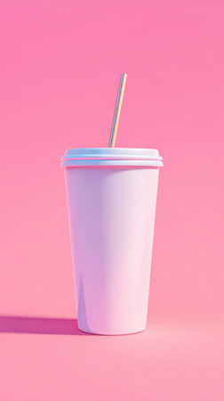 A pink drink cup with a straw on a pink background, perfect for beverage concepts.の素材