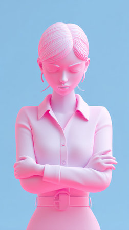 A pink woman with her arms crossed, looking down with a focused expression.の素材