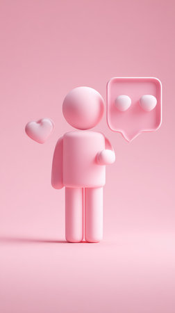 A pink figure holding a heart and a speech bubble with two hearts.の素材