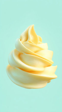 A close-up of a swirled soft serve ice cream cone against a blue backdrop.の素材