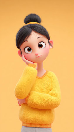 A 3D cartoon girl in a yellow sweater, thoughtfully posing with her hand on her cheek.の素材