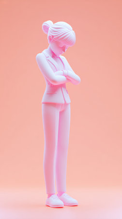A pink-toned image of a woman in a suit, arms crossed, deep in thought, against a matching background.の素材