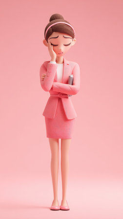 A 3D rendered image of a businesswoman in a pink suit, deep in thought, with her hand on her face.の素材