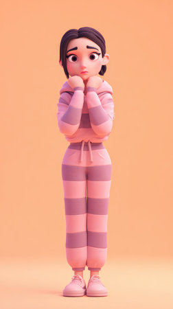 A 3D rendered image of a woman in a pink striped outfit, looking thoughtful and posing.の素材