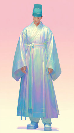 A man stands in traditional Korean Hanbok attire, showcasing cultural heritage and elegant design.の素材