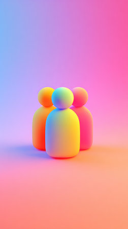 Three stylized figures are arranged in a close-up shot, bathed in a spectrum of colors, creating a visually striking composition.の素材