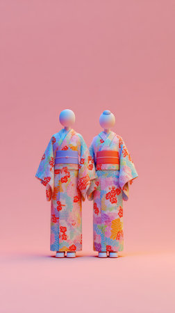 Two figures in traditional Japanese attire stand together against a pink background.の素材
