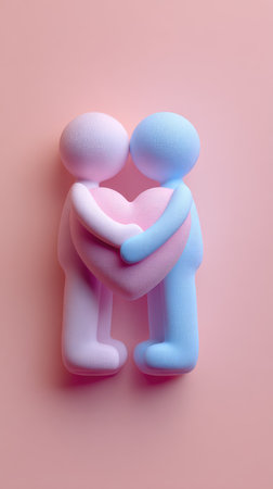 A loving embrace between two figures, holding a heart, set against a soft pink backdrop.の素材