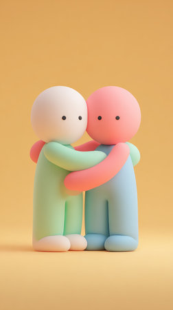 Two figures hugging each other, symbolizing friendship and support, with a warm color palette.の素材