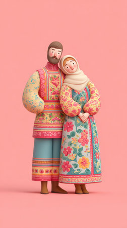 A charming illustration of a man and woman in traditional Russian attire, standing together.の素材