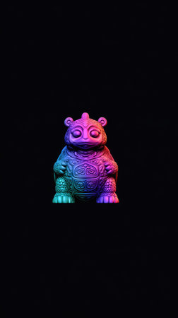 A colorful statue of a creature glows against a stark black background, creating a striking visual contrast.の素材