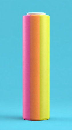 A colorful cylindrical object with a gradient of pink, orange, and yellow against a blue backdrop.の素材
